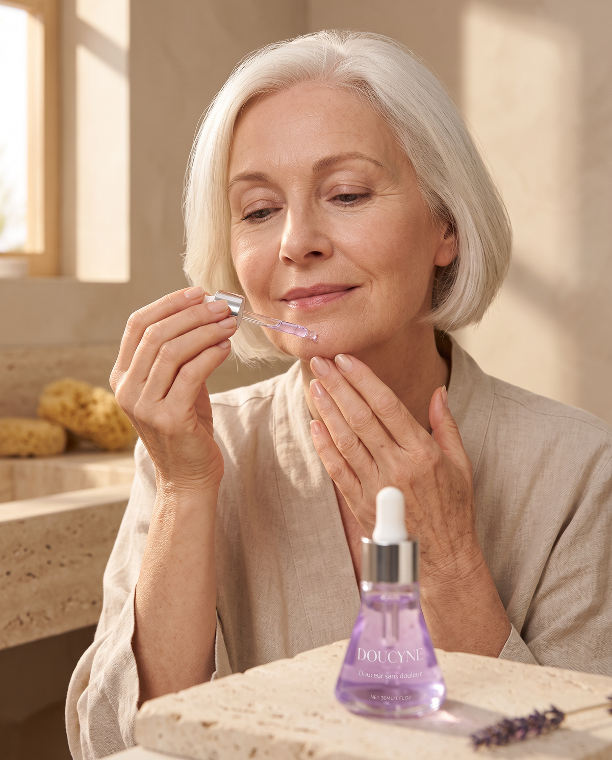 Femme aux cheveux blancs appliquant une goutte de sérum sur son menton