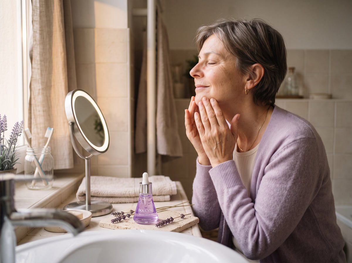La même femme applique le sérum Doucyne sur son menton, détendue
