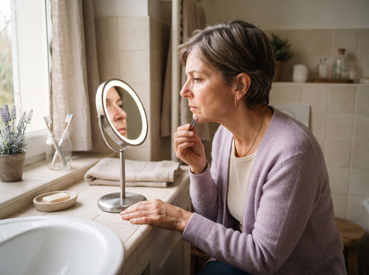 Une femme de 58 ans s'épile le menton à la pince devant un miroir grossissant